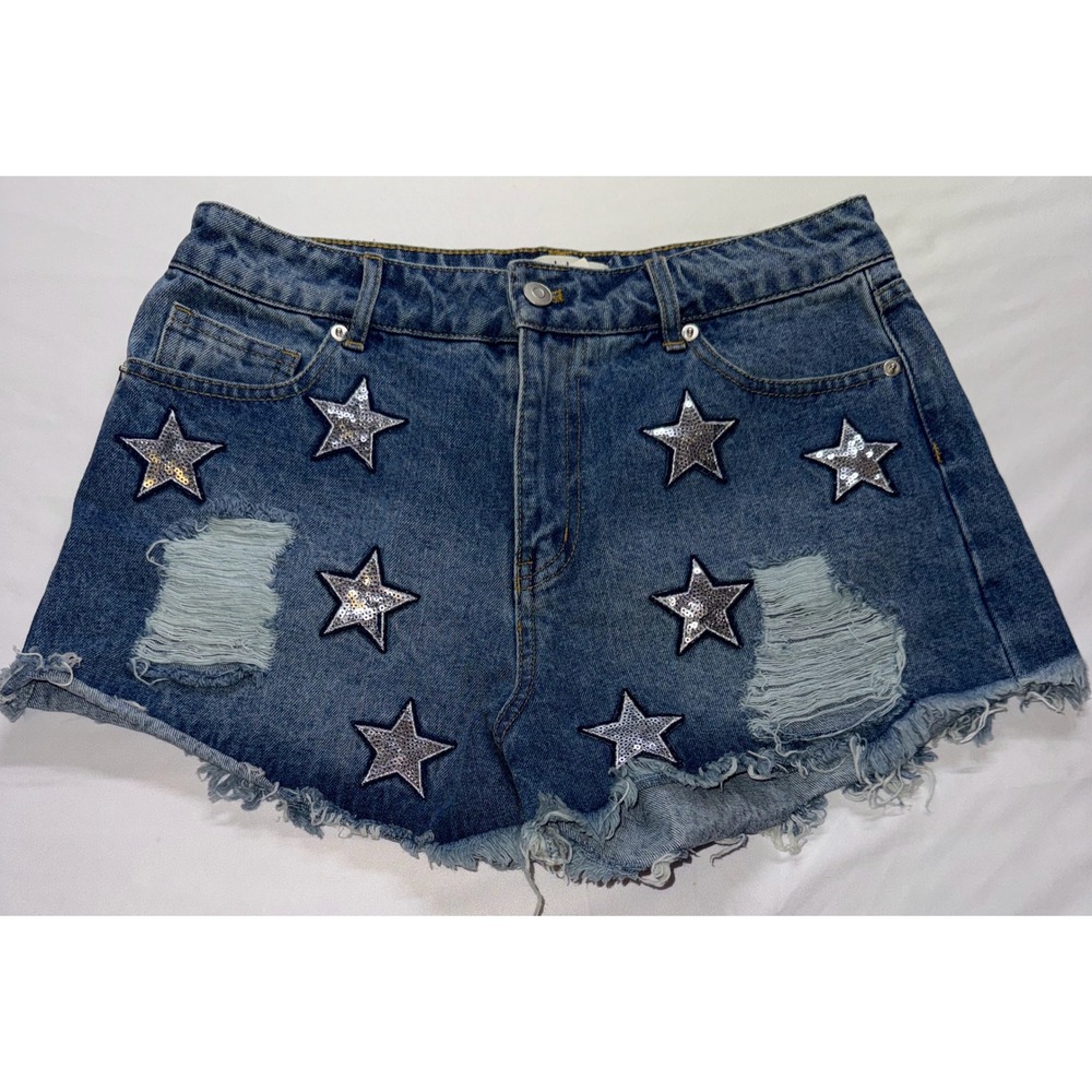 Peach Love California‎ Jean Shorts Womens Large Blue Sequin Star Distressed
